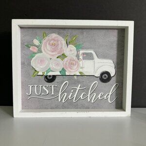 NWT "Just Hitched" Decorative Wooden Framed Sign /Plaque 9"x 11" x 1.5"